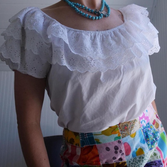 Sweet 1950s white cotton ruffle‎ blouse - Picture 1 of 7